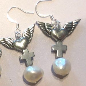 Cross winged Pearl – Raw Pearl and angel wing earrings– Genuine stones
